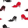 Pair of red and black ladies` shoes. Seamless vector pattern in flat style. Royalty Free Stock Photo