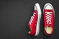 Pair of red classical gymshoes on dark background Royalty Free Stock Photo