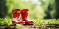 Pair of red colored gumboots located on green grass of country garden in rainy weather