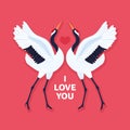 Pair of red crowned cranes and heart. Background with dancing East Asian birds. Love and romance. Valentine`s day design