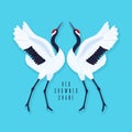 Pair of red crowned cranes and heart. Blue background with dancing East Asian birds. Endangered species