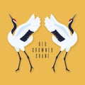 Pair of red crowned cranes and heart. Yellow background with dancing East Asian birds. Endangered species