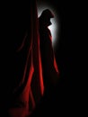 A pair of red eyes peering out from a dark cloak the silhouette of a figure looming in the shadows.. AI generation