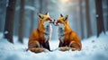 A pair of red foxes nuzzling in a snowy winter forest scene. Generative AI Royalty Free Stock Photo