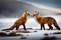 A pair of red foxes playing in a snowy meadow against a wintry backdrop