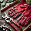 Pair of red gardening gloves and secateurs on wooden table