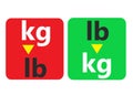 A pair of red green blocks indicating the kilogram to pound and vice versa conversion white backdrop