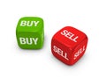 Pair of red and green dice with buy, sell sign Royalty Free Stock Photo