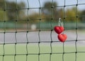 Pair of red hearts on mesh fence of tennis court. Love for sports, tennis. Healthy lifestyle concept. copy space Royalty Free Stock Photo