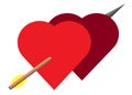 A pair of red hearts pierced by an arrow against a white backdrop