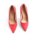 Pair of red high-heeled shoes isolated on white, top view Royalty Free Stock Photo