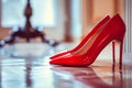 A pair of red high heels sitting on a tiled floor. Generative AI Royalty Free Stock Photo