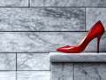 A pair of red high heels sitting on top of a marble bench Royalty Free Stock Photo