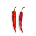 Pair red and hot pepperoni paprika chili, one fresh another is old and dried isolated with its shadows at white background.