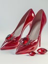 Pair of red leather high heel shoes with ruby gemstones. Royalty Free Stock Photo