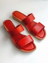 Pair of red leather summer sandals.
