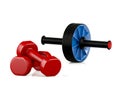 A pair of red light weight dumbbells on white background