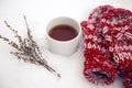 Pair of red mittens lie on the snow Royalty Free Stock Photo