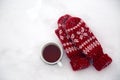 Pair of red mittens lie on the snow Royalty Free Stock Photo