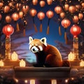 A pair of red pandas gazing at a sky full of lanterns in an enchanting New Years Eve setting1