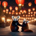 A pair of red pandas gazing at a sky full of lanterns in an enchanting New Years Eve setting2