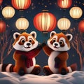 A pair of red pandas gazing at a sky full of lanterns in an enchanting New Years Eve setting3