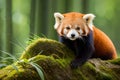 A pair of red pandas perched on a moss-covered branch in a bamboo forest