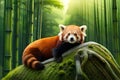 A pair of red pandas perched on a moss-covered branch in a bamboo forest