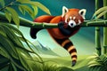 A pair of red pandas playfully frolicking among the branches of a bamboo forest