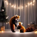 A pair of red pandas playing with a string of twinkling Christmas lights5 Royalty Free Stock Photo