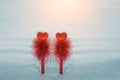 Pair of red pens with a heart shaped decoration symbolise love on snow background. Valentines day