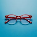 Pair of red plastic rimmed eyeglasses on blue background, stylish Royalty Free Stock Photo