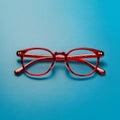 Pair of red plastic rimmed eyeglasses on blue background, stylish Royalty Free Stock Photo