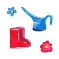 A pair of red rubber boots, gumboots and blue plastic flower watering can.