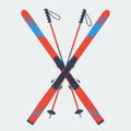 Pair of red skis and ski poles Royalty Free Stock Photo