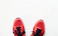 Pair of red sport shoes laid on grunge white wooden floor background, top view with copy space Royalty Free Stock Photo
