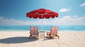 Pair of red sun loungers and a beach umbrella on a deserted beach perfect vacation concept Royalty Free Stock Photo