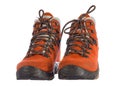 Pair of red trekking boots from front