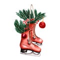 Pair of red vintage ice skates hanging on the laces decorated with with christmas decor. Christmas red berries, branch of pine