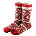 Pair of Red and White Knitted Socks with Green Geometric Pattern Royalty Free Stock Photo