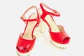 Pair of red womens high heeled patent shoes on white.