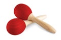 Pair of red wooden maracas hand shaker music instrument isolated white background. rattle percussion carnival rythm party concept