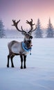 A Pair Of Reindeer With Festive Collars In A Snowy Field At Dawn. Generative AI