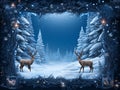 A pair of reindeer stand in a snowy forest under a Christmas decorative frame.