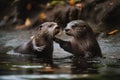 A Pair Of River Otters Holding Hands While Swimming In A Stream. Generative AI