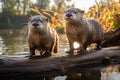 Pair of River Otters Looks Wet Standing Together on a Tree Branch in Bright Day