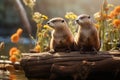 Pair of River Otters Sitting Together on a Tree Branch with Nature Background in Bright Day