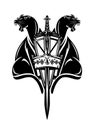 Black and white vector heraldry with shield, sword, crown and pair of panthers