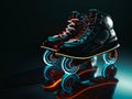 A pair of roller skates with glowing wheels
