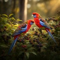 A Pair of Rosellas Feeding on Berries in a Forest Clearing Royalty Free Stock Photo
